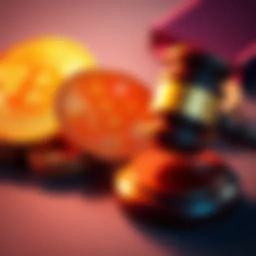 A visual showing Bitcoin coins and a gavel representing government regulations