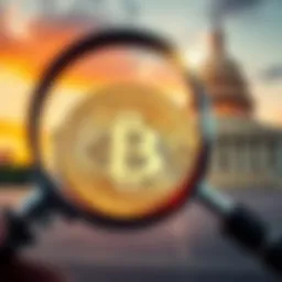 A close-up of a Bitcoin coin with a magnifying glass and a government building in the background, representing the search for privacy in cryptocurrency ownership.