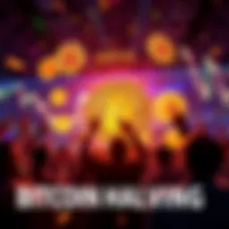 A visual representation of the Bitcoin halving event, showing Bitcoin symbols and market charts indicating rising value, with people celebrating.