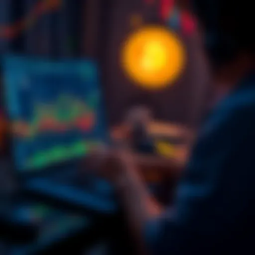 A person analyzing Bitcoin price charts on a laptop, contemplating investment strategies during a price surge, with graphs and data visible on the screen.