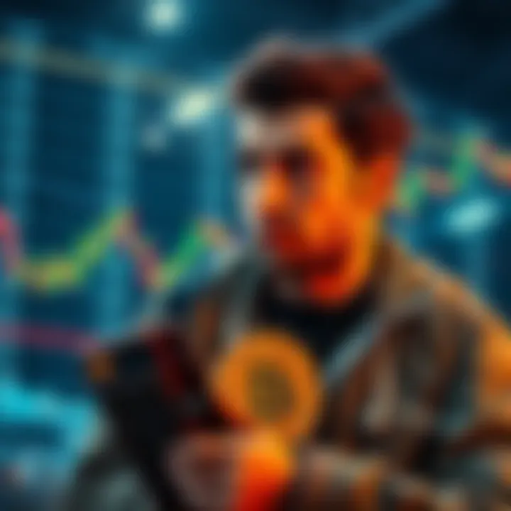 Bitcoin HODLer Reflecting on Market A Bitcoin enthusiast looking at market charts with a thoughtful expression, holding a Bitcoin wallet, symbolizing long-term investment commitment.
