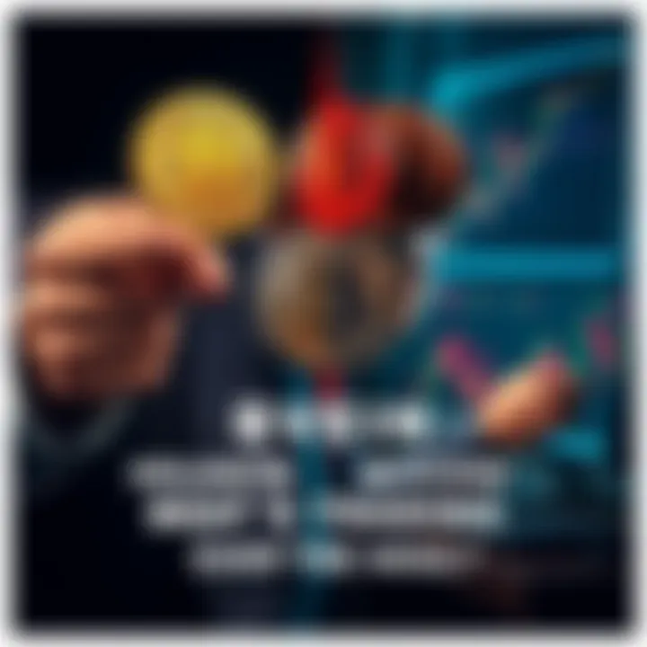 A split image showing a person holding Bitcoin coins on one side and another person actively trading on a computer on the other side