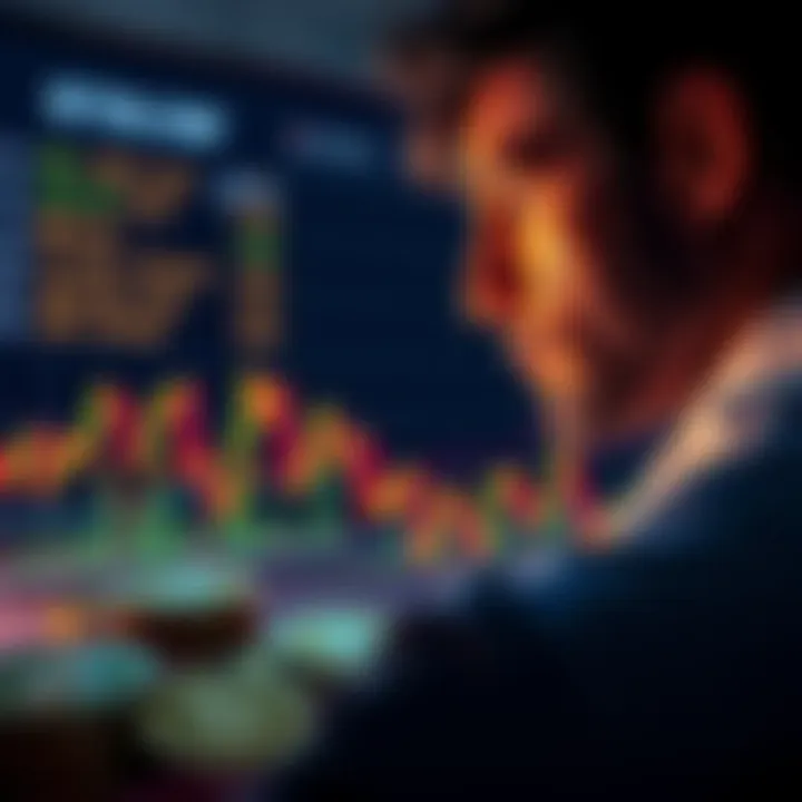 A person looking at a graph showing Bitcoin price trends, contemplating an investment decision, with coins in the foreground.