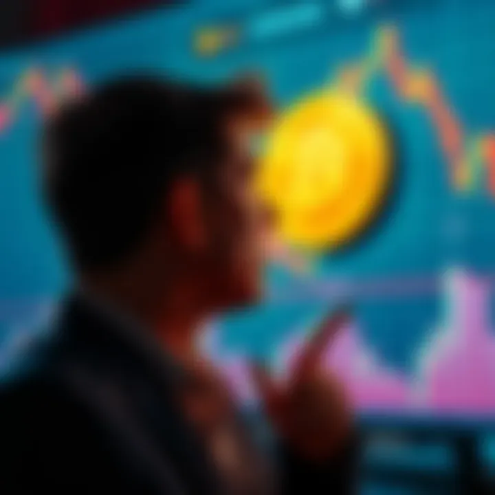 A person contemplating whether to hold or sell Bitcoin, with a chart showing fluctuating prices in the background.