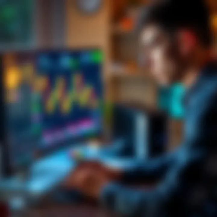 Bitcoin Investment Strategy A person looking at Bitcoin charts on a computer, pondering investment decisions during market fluctuations.
