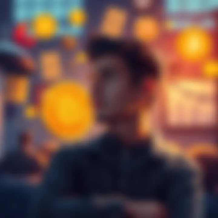 A person reflecting on their financial journey with Bitcoin, surrounded by symbols of investment and personal milestones like marriage, in a thoughtful pose.