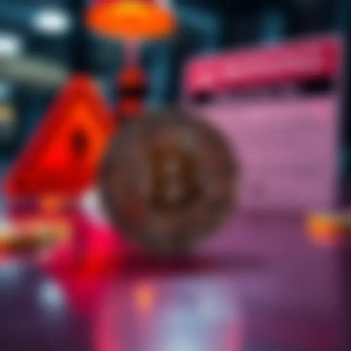 A shiny Bitcoin coin representing limited currency supply on a table, symbolizing value and scarcity, with a warning sign in the background about potential risks.