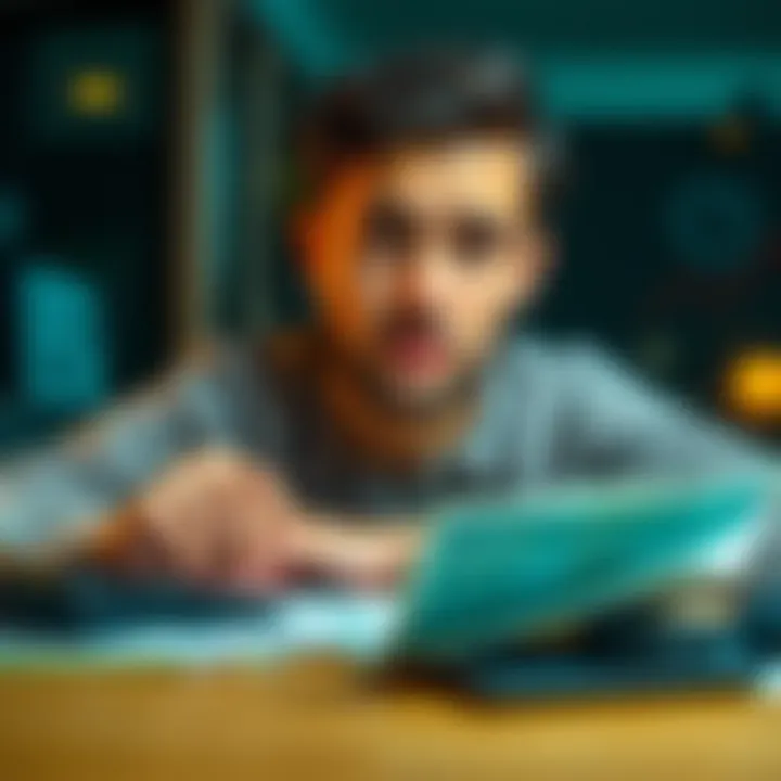 A person considering a Bitcoin loan to pay off debt, with a calculator and bills on a table, looking thoughtful.