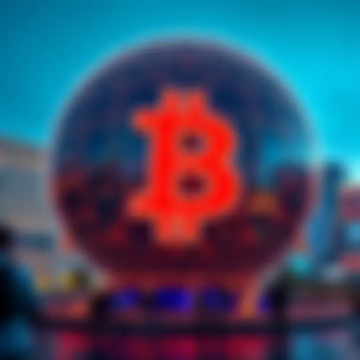 A large illuminated Bitcoin logo displayed on the Las Vegas Sphere, attracting the attention of tourists and locals.