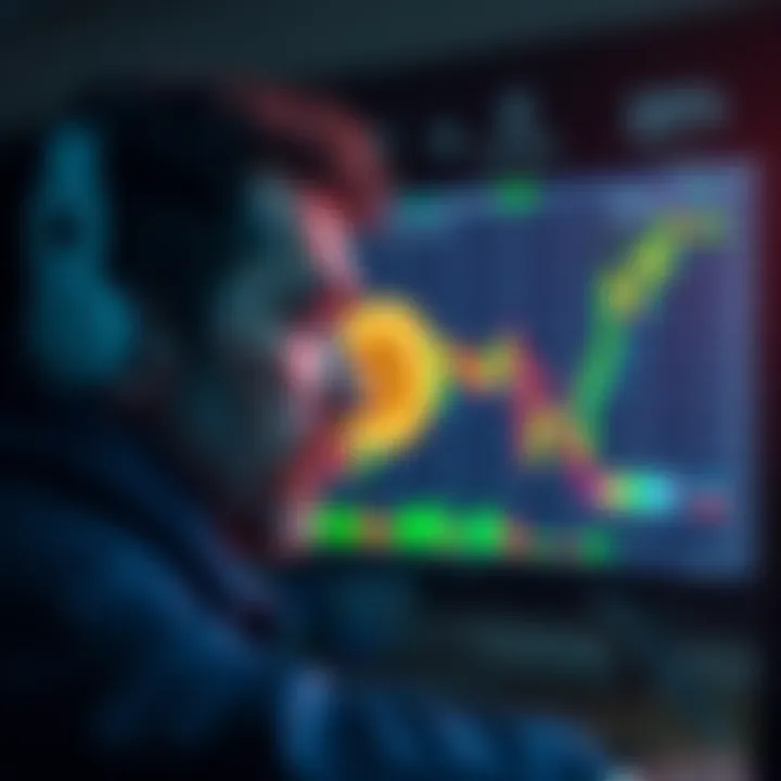 A person looking at a Bitcoin chart on a computer screen, with a concerned expression, depicting market fluctuations and analysis.