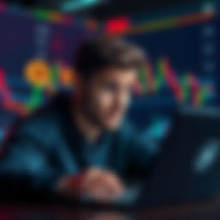 Person looking worried while checking Bitcoin prices on a laptop, with graphs showing market fluctuations in the background.