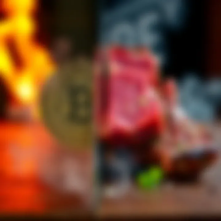 A split image showing a bitcoin symbol on one side and a steak on the other, representing the discussion on Bitcoin and the carnivore diet.