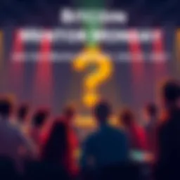 A group of people discussing Bitcoin at a forum, with a large question mark symbol in the background.