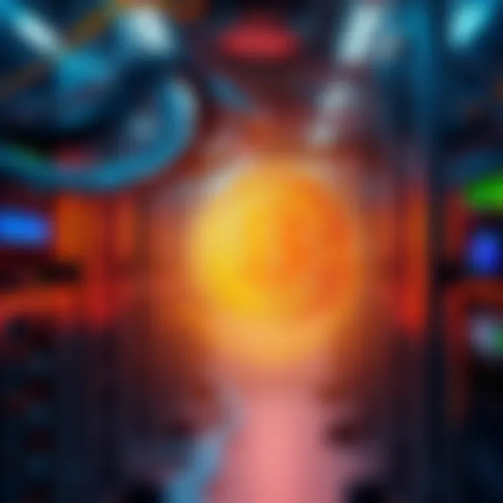 A Bitcoin mining rig with efficient cooling, showing several mining machines connected to a power source, indicating low electricity costs.