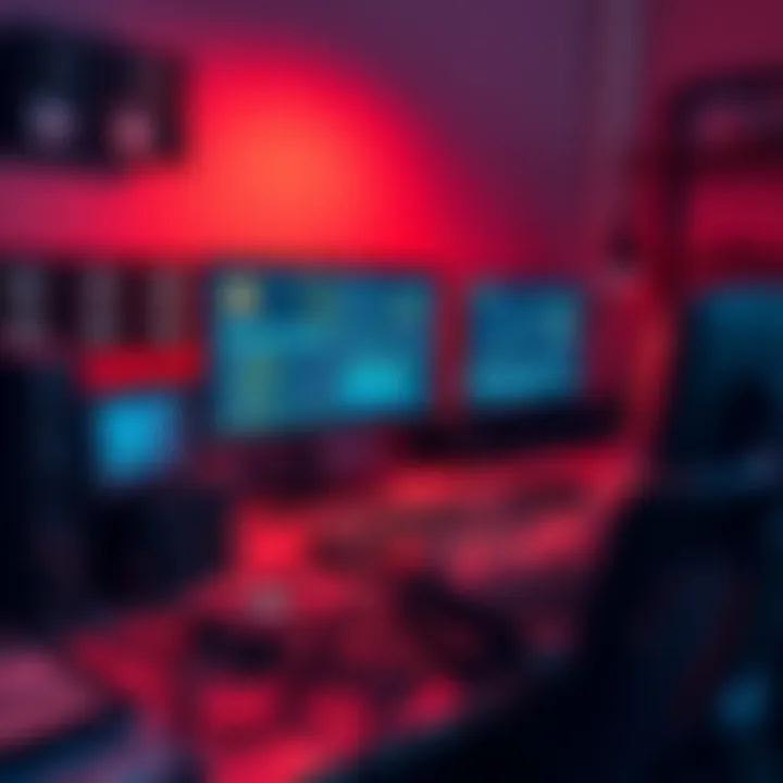 A person setting up affordable Bitcoin mining devices on a desk, surrounded by cables and a computer screen showing mining stats.