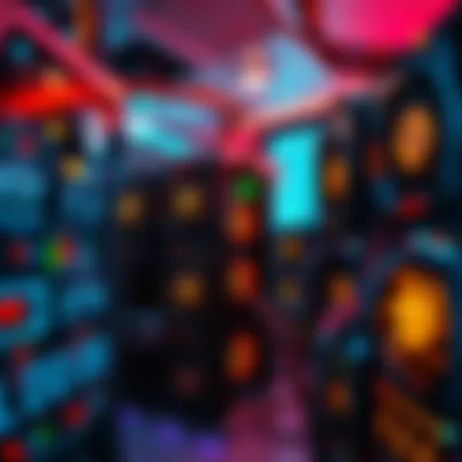 A setup of bitcoin mining rigs with glowing lights, showcasing the hardware used for mining cryptocurrency.