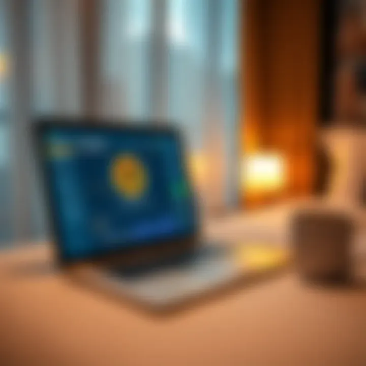 Laptop mining Bitcoin in hotel room A laptop connected to hotel WiFi, displaying Bitcoin mining software with a coffee cup beside it