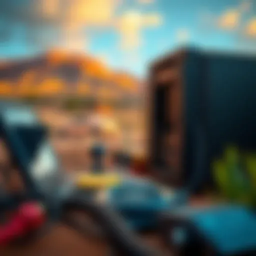 A setup of Bitcoin mining equipment with scenic Moroccan landscape in the background, highlighting the potential for mining in the region.