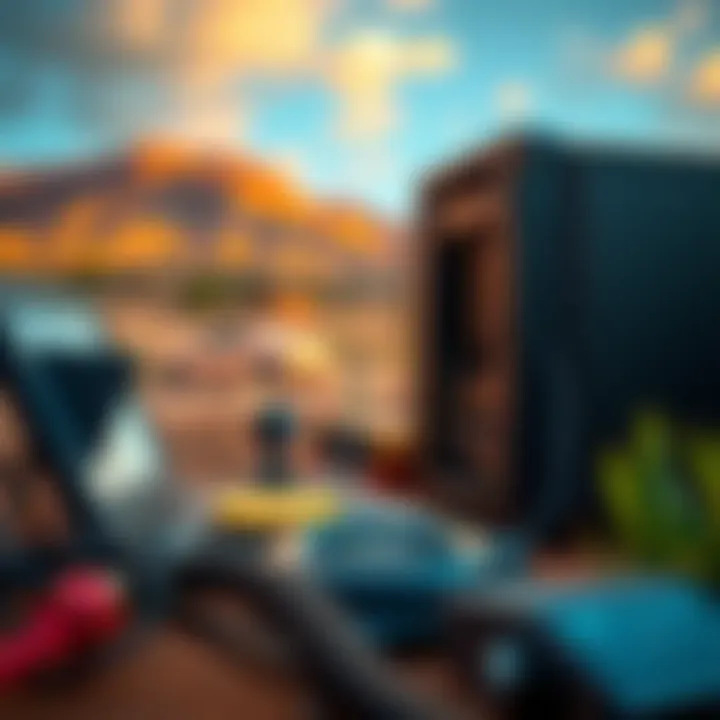 A setup of Bitcoin mining equipment with scenic Moroccan landscape in the background, highlighting the potential for mining in the region.