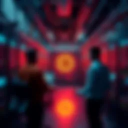 A visual representation of Bitcoin mining operations, showcasing miners working with hardware in a large facility, monitoring competition and costs on screens.