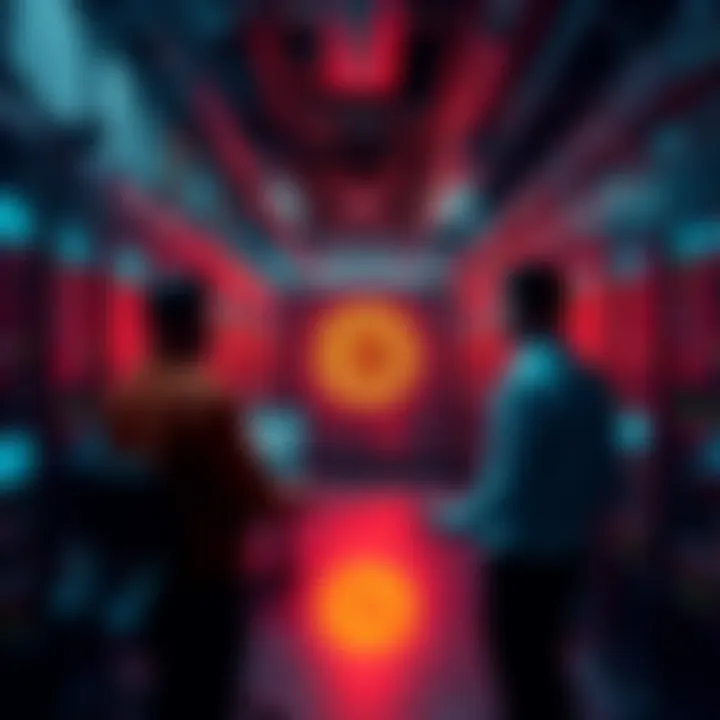 A visual representation of Bitcoin mining operations, showcasing miners working with hardware in a large facility, monitoring competition and costs on screens.