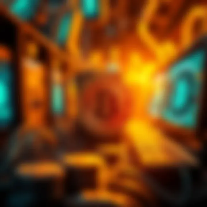 A graphic showing the process of mining bitcoins with computers and digital currency symbols.