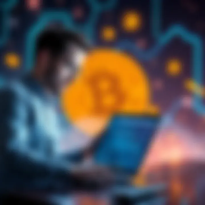 Bitcoin Node in Action A person setting up a Bitcoin node on a laptop with network connections and Bitcoin symbols in the background