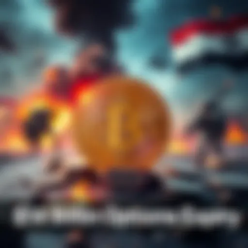 A visual representation of Bitcoin options expiry with a backdrop of global conflict imagery