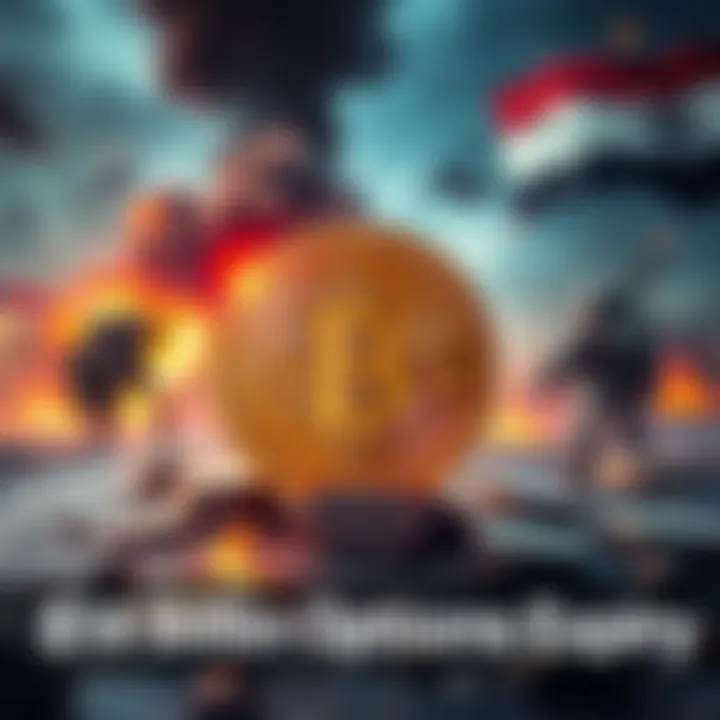 A visual representation of Bitcoin options expiry with a backdrop of global conflict imagery