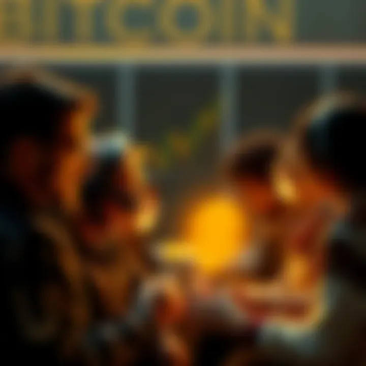 A group of diverse individuals discussing Bitcoin's origins, with a focus on Satoshi and potential contributors.