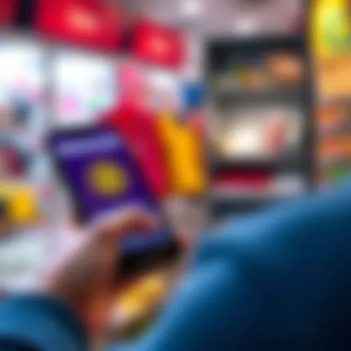 A person using a smartphone to make a Bitcoin payment. The screen shows a digital wallet with a Bitcoin symbol. Background includes a shopping scene with goods.