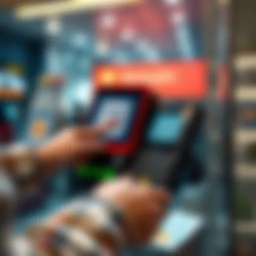 A customer using a Square terminal to pay with Bitcoin by scanning a QR code on the screen.
