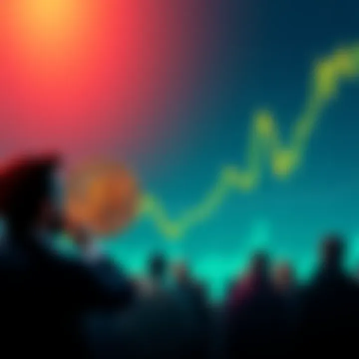 A Bitcoin price chart showing dips and spikes with people reacting emotionally in the background discussing market trends