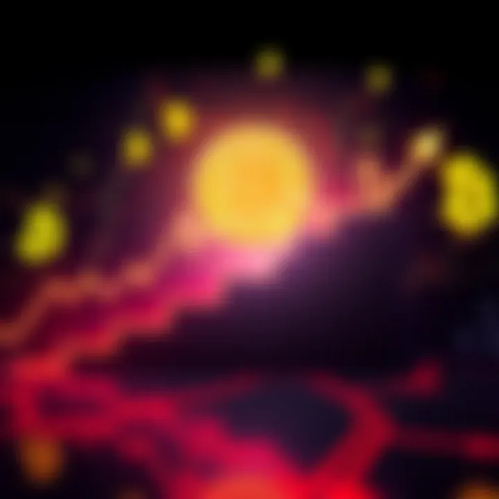 A downward trending chart representing Bitcoin prices, resembling a staircase pattern, with past financial crisis symbols in the background.