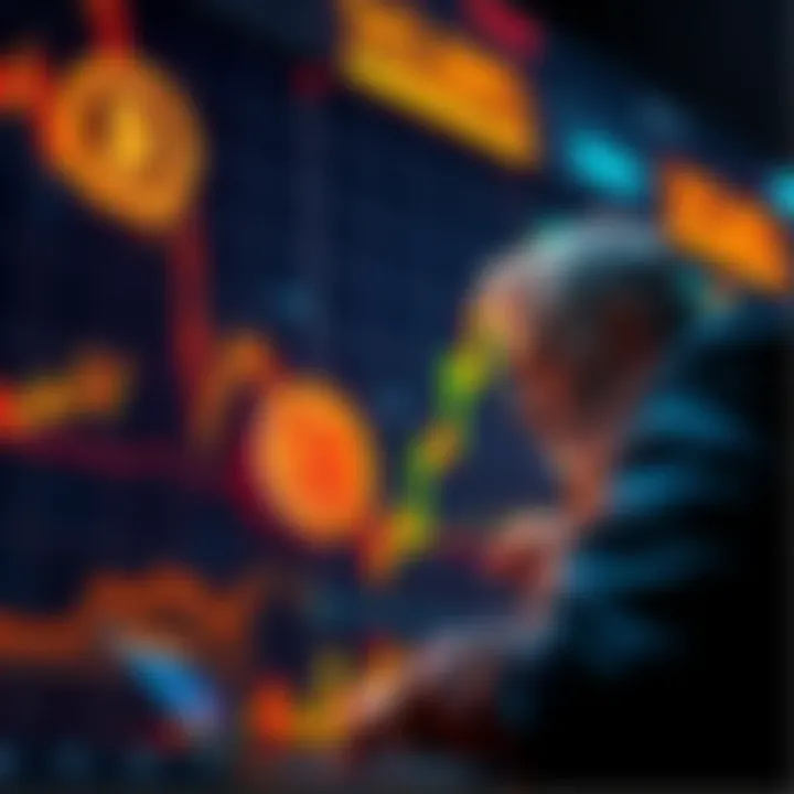 Graph showing Bitcoin price falling with bear market indicators and a worried investor