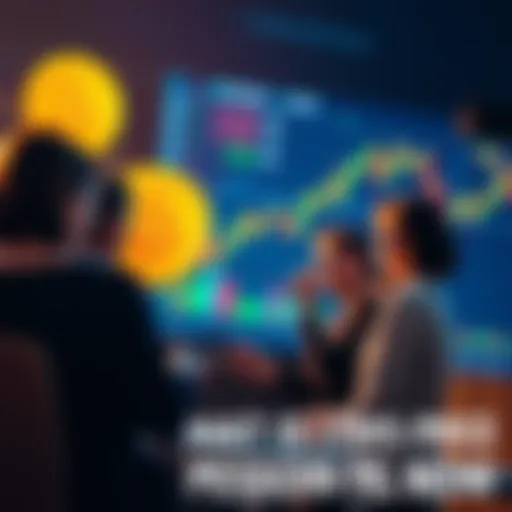 People debating the lowest possible price of Bitcoin with charts and graphs in the background.