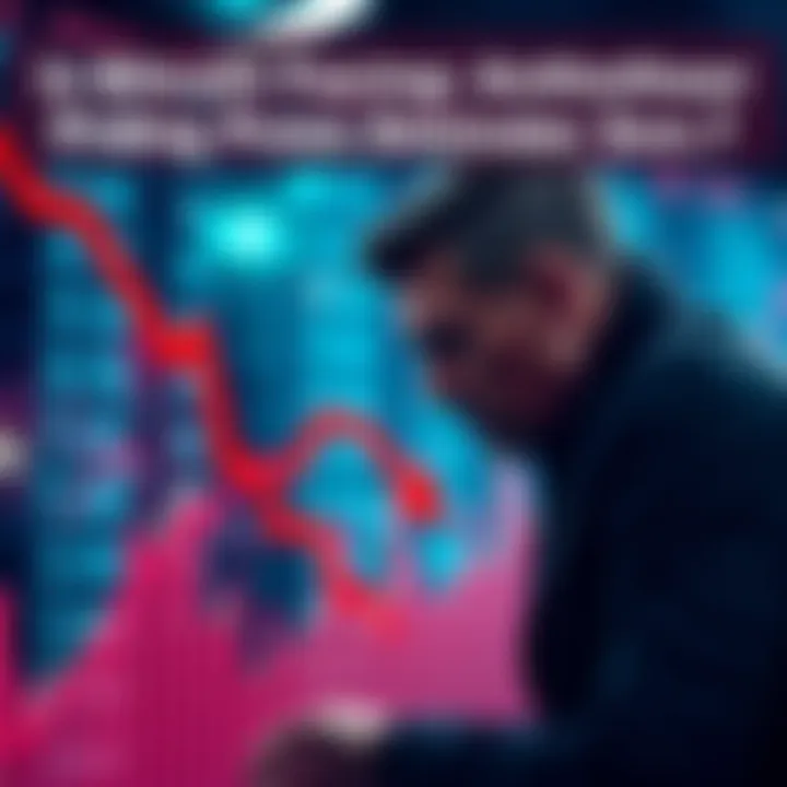 A graph showing Bitcoin's price declining with red arrows and a worried investor in the background.