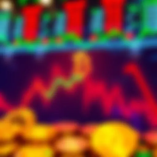 A visual representation of Bitcoin's decline against Gold, showing a downward trend in value with Bitcoin symbols in red and Gold symbols in green, reflecting market changes.