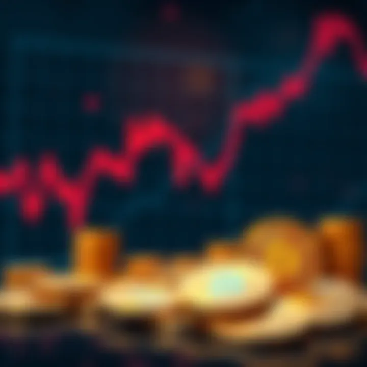 A graph showing a downward trend in Bitcoin prices with coins in the foreground