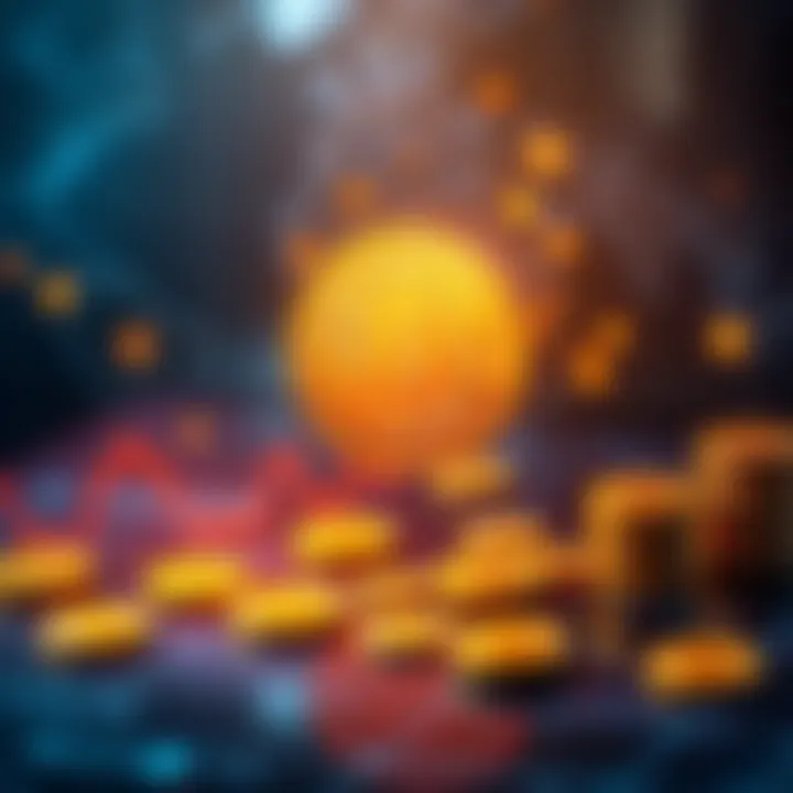 A graphic showing a downward trend in Bitcoin's value with currency symbols and a world map background