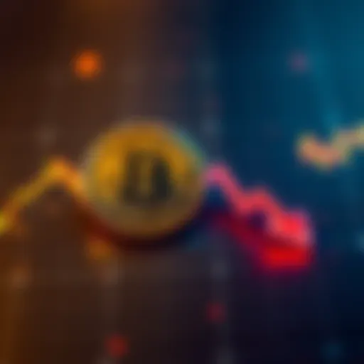 A graphic showing Bitcoin's value declining on a chart with downward arrows