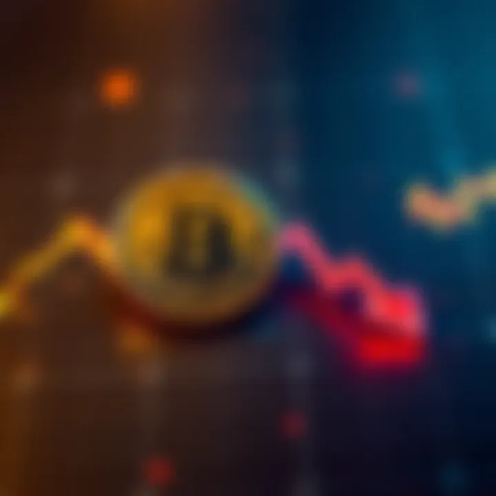 A graphic showing Bitcoin's value declining on a chart with downward arrows