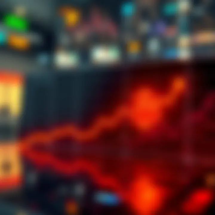 A graph showing Bitcoin's value rapidly declining over time, with red arrows indicating the downward trend.