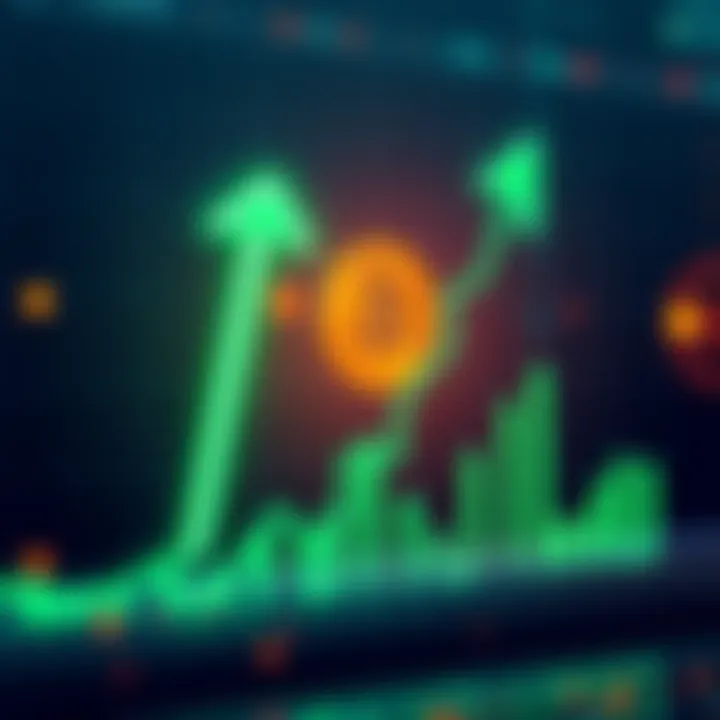 A graph displaying Bitcoin's price rising towards its all-time high with a bright green arrow indicating potential growth.