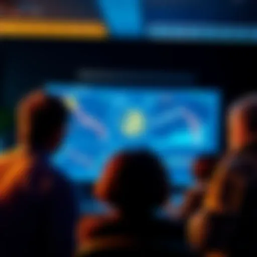 A group of people discussing Bitcoin price peaks with charts and graphs on a screen.