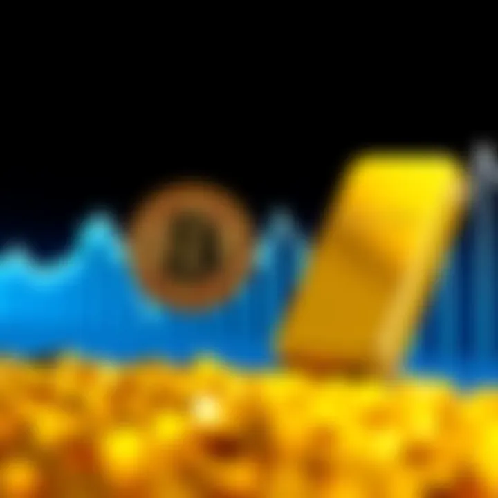 A visual representation showing Bitcoin symbol alongside a gold bar, indicating the rising price target of Bitcoin to match gold's market cap, with a graph depicting growth