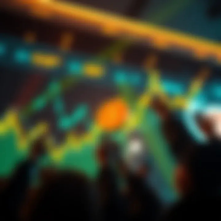 A graph showing Bitcoin prices rising by 5%, with happy people celebrating in the background