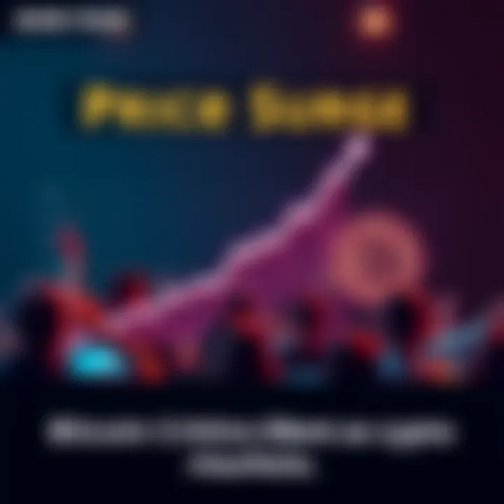 A graphic showing a rising Bitcoin value chart with a background of people looking surprised and engaged, signaling the interest in cryptocurrency's recent growth.