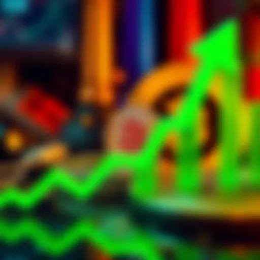 A graphic showing Bitcoin's price going up, with a bright green upward arrow and the Bitcoin symbol in the background.
