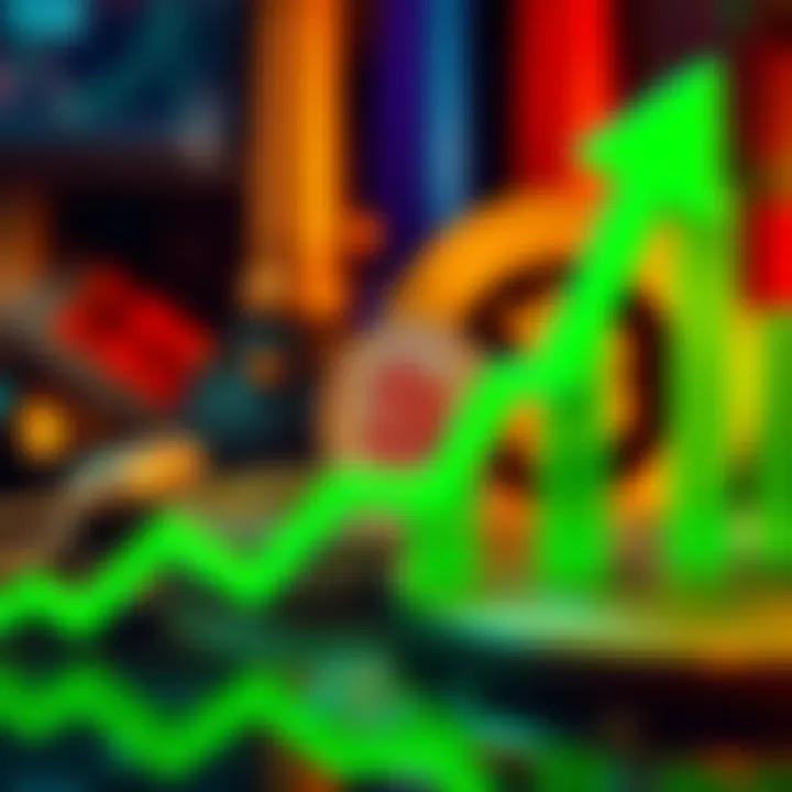 A graphic showing Bitcoin's price going up, with a bright green upward arrow and the Bitcoin symbol in the background.